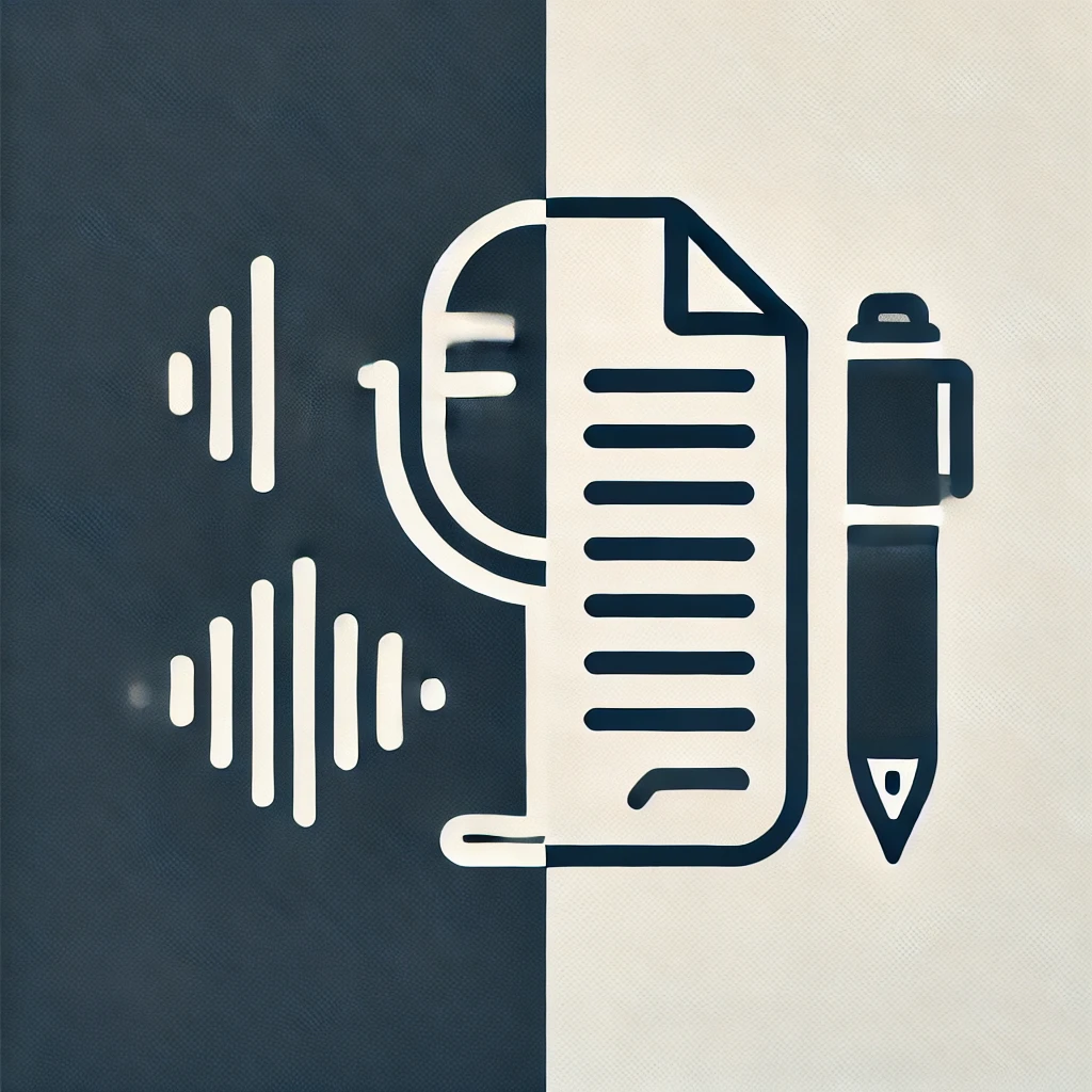 An icon split down the middle with the left side depicting sound waves and a microphone and the right side depicting a sheet of paper and a pencil.